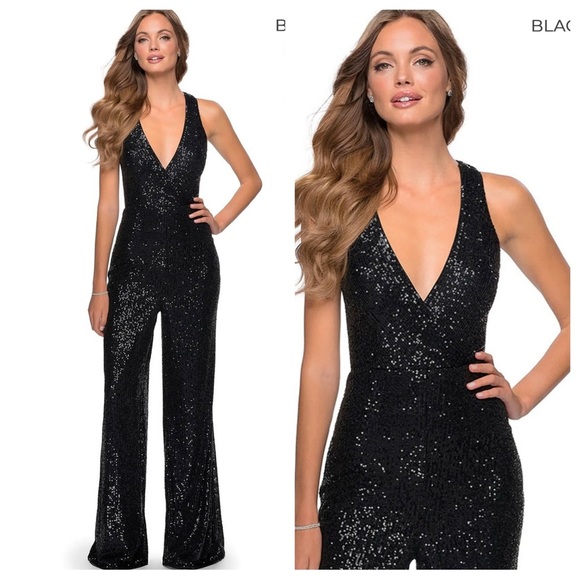 LaFemme Black Sequin Flare Pant Jumpsuit Womens Size 2 Pageant Appearance Talent - Picture 1 of 8